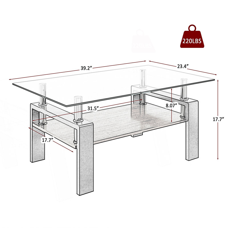 Table basse rectangulaire, table moderne en verre trempé transparent, table basse, Clair, Noir / brun