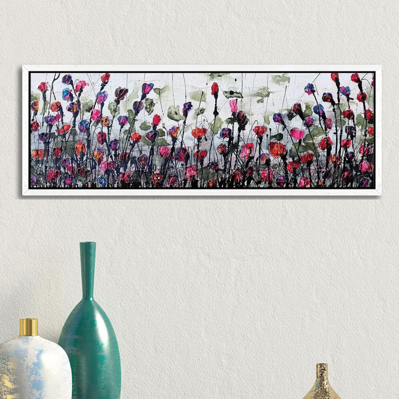 Fantatic Poppies by Donatella Marraoni - Panoramic Painting on Canvas, 30.48 cm H x 91.44 cm W, White Framed