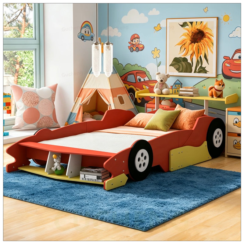 Full Size Race Car-Shaped Platform Bed with Wheels, Durable and Stylish for Kids and Teens, Black