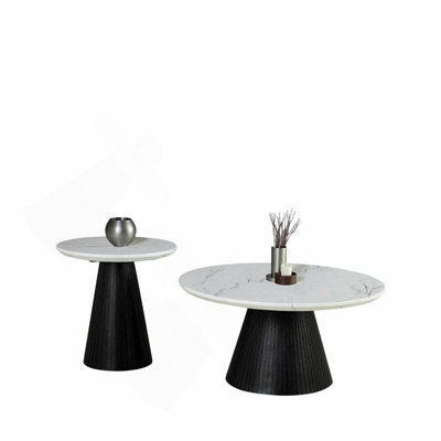 Ensemble de table 3 pièces de style contemporain 1 table de cocktail ronde 2 x table de bout ronde avec plateau en faux marbre et finition noire