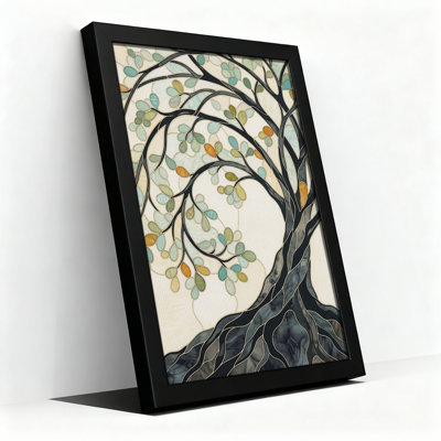 Tableau mural sur toile représentant un arbre de style vitrail aux feuilles turquoise et vertes