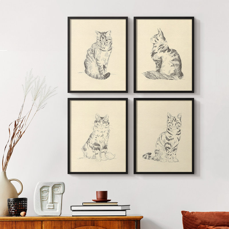 «House Cat I», ensemble de 4 encadrées, Noir, H 20 po x l 16 po