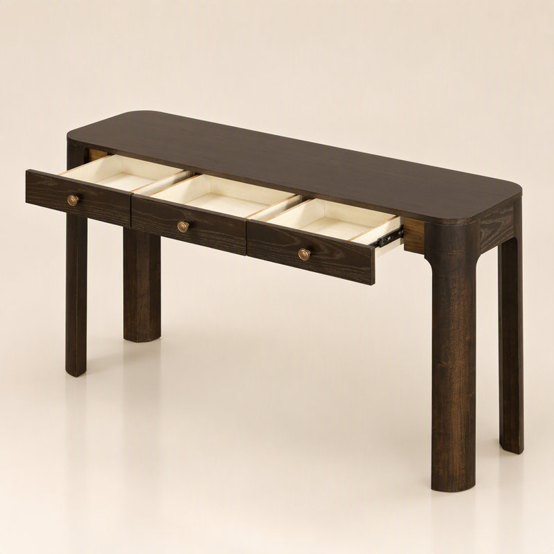 Console rustique aux coins arrondis, table d'entrée avec 3 tiroirs dissimulés, table basse robuste, Espresso, Espresso