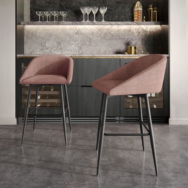 BLACK METAL SWIVEL COUNTER CHAIR IN PINK CHENILLE, Pink