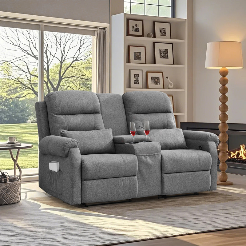 65.7" Modern Manual Reclining Loveseat With Storage Console And Cup Holders, Gray Linen