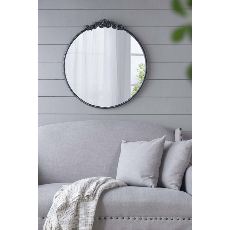 32" Black Round Mirror with Baroque-Inspired Detailing