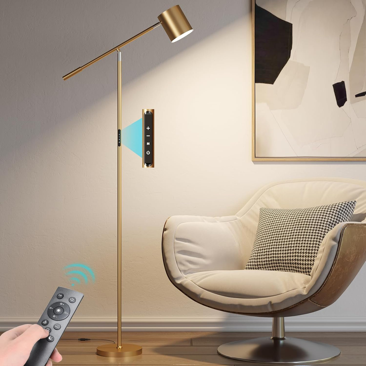 BARMIKA Modern LED Floor Lamp - Dimmable Ring Light With Adjustable Arm & Touch Control, Black