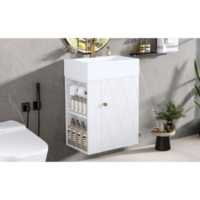 Meuble-lavabo de 20 po avec lavabo en céramique, porte à motif de losanges, poignées dorées et tablettes de rangement latérales - petit cabinet moderne avec barre à serviettes, fabrication en panneau de fibres à densité moyenne, assemblage requis