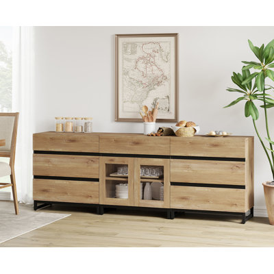3 In 1 Sideboard Buffet Cabinets With Glass Doors And 7 Drawers, Modern Sideboard Credenza With Adjustable Shelf And Base, Coffee Bar Cabinet Storage