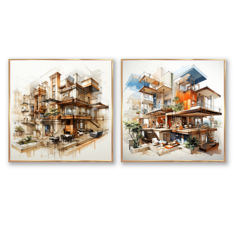 Dessin d'analyse de loges d'un hôtel - ensemble de 2 collages carrés, Cadre flottant doré, H 16 po x l 33 po