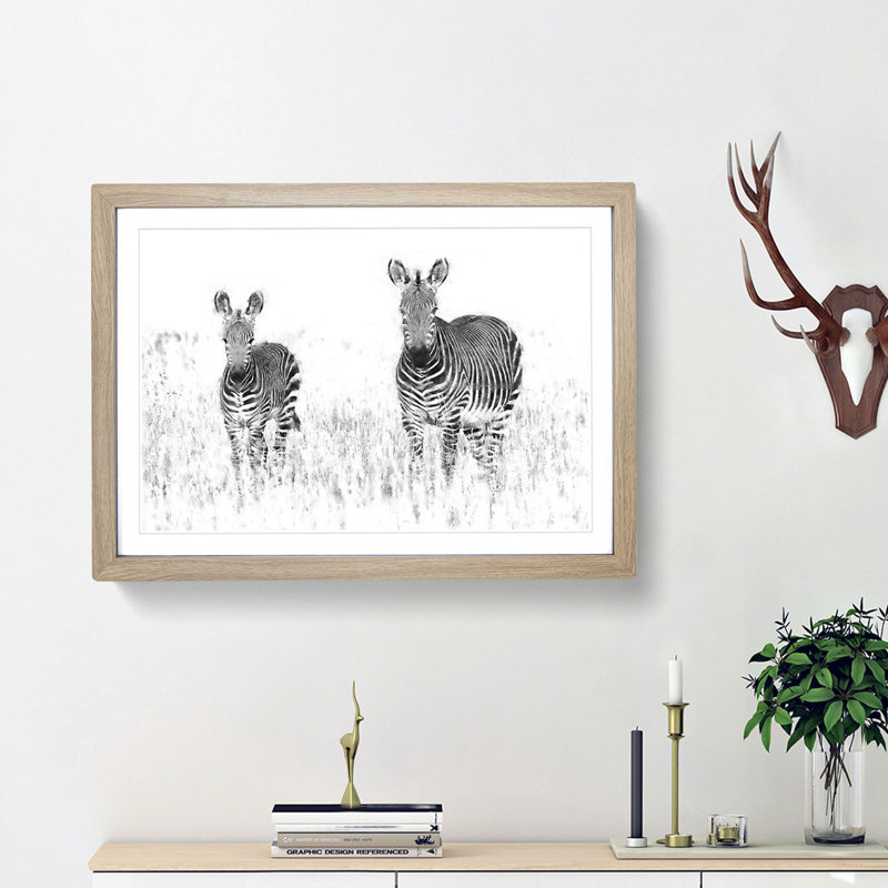 Two Zebras - Picture Frame Painting Print, 62cm H x 87cm W x 2cm D, Oak Framed