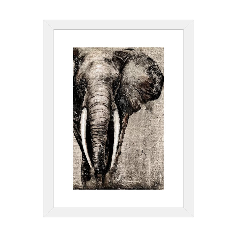 Éléphant sur papier journal par Patricia Pinto - impression d'art graphique, H 24 po x l 16 po x P 1 po, Papier encadré blanc