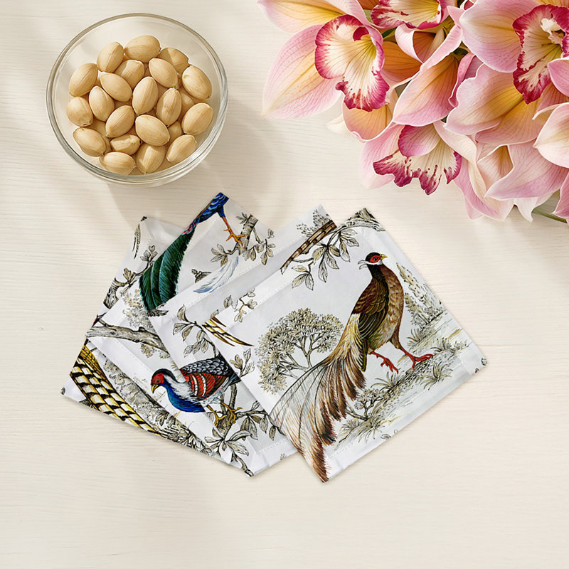 Pheasant Fall Sauvage Cotton Sateen Cocktail Napkins, White