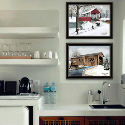Artistique, art mural 2 ponts couverts d'hiver pour la maison - salon et chambre à coucher, bois multicolore + papier, 18 x 1 x 14 po, magnifique décoration de chambre à coucher de 5 lb