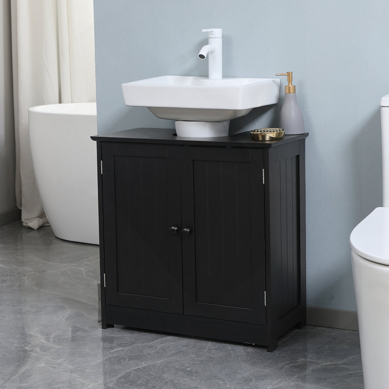 Armoire de salle de bain sous le lavabo avec 2 portes et tablette, meuble-lavabo à piédestal, noir