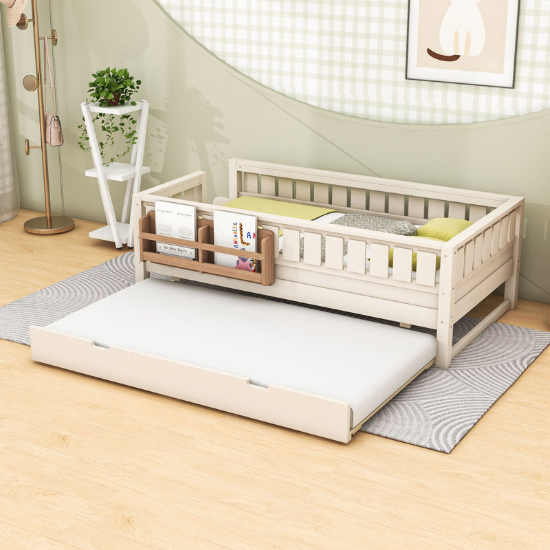Lit plateforme en bois avec lit gigogne et petit escalier, Twin, Beige