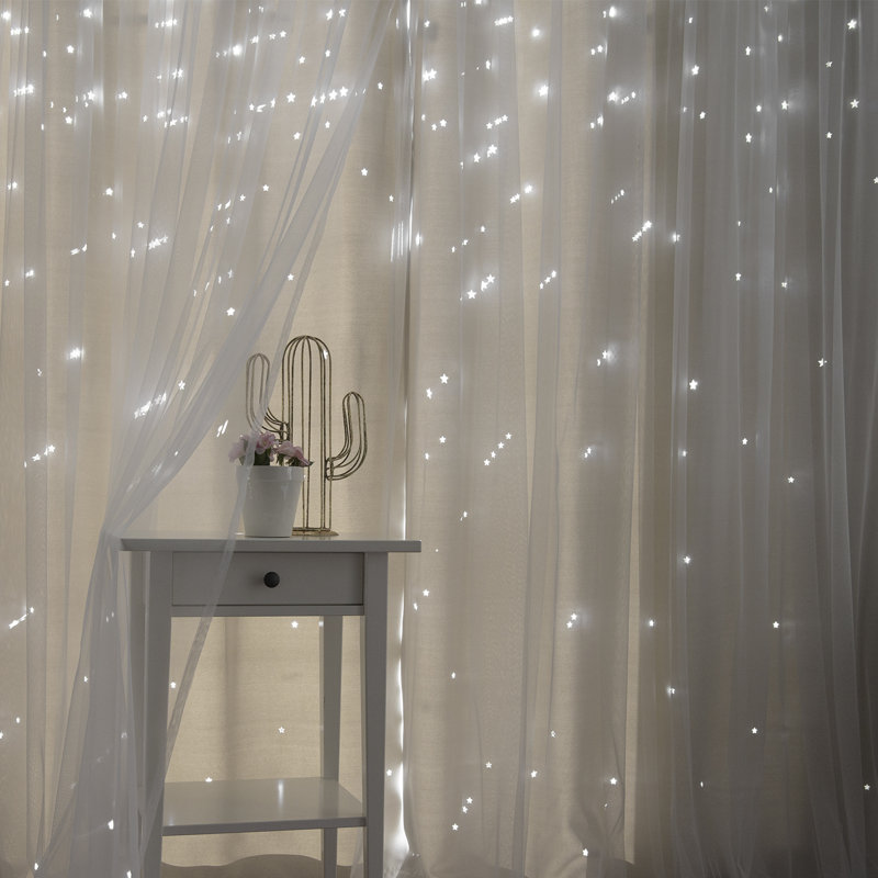 Jenifer Tulle Overlay Star Cut Out Solid Room Darkening Grommet Curtain Panels, 52" W x 84" L, Biscuit