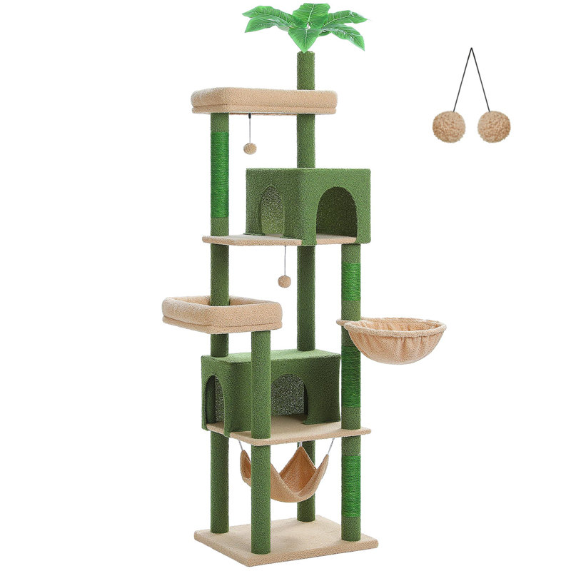Arbre à chat 75 po avec grand appartement, poteaux à griffer en sisal, hamac et perchoir, Vert