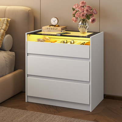 Table de chevet 3 tiroirs avec lumières DEL, table d'appoint avec plateau en verre, blanc