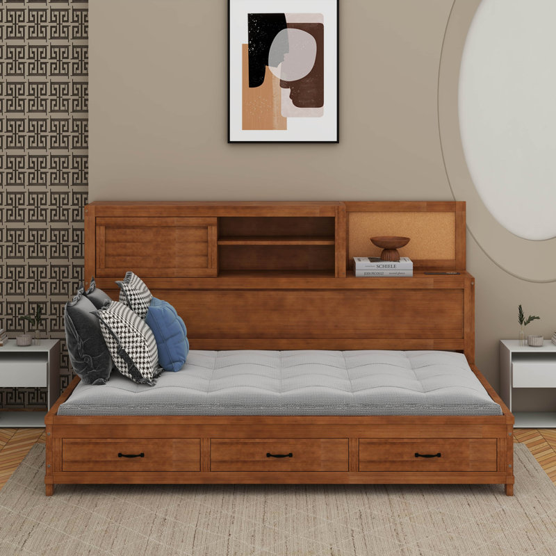 Wooden Daybed With Drawers, Shelf And USB Ports, Walnut, Twin