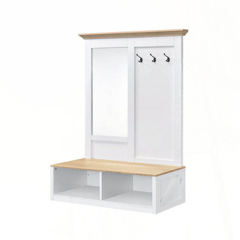 Light Oak and White Hall Tree with Mirror and Hooks