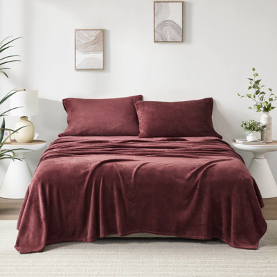 Drap-housse pour grand lit 4 pièces bourgogne 100% ultra doux et confortable brossé des deux côtés Draps-housse plats lavables à la machine 2 taies d'oreiller