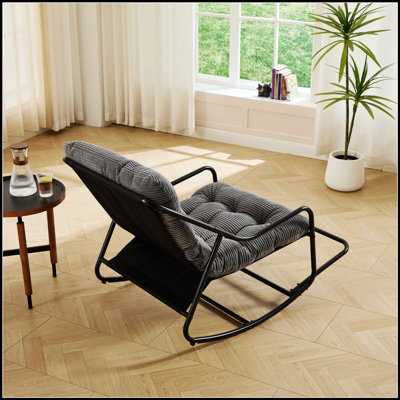 Chaise berçante d'extérieur avec coussin épais ultra-confortable, idéale pour le salon, la chambre à coucher et le coin lecture, structure noire avec coussin gris