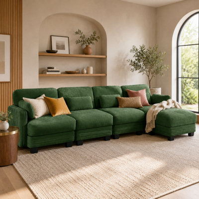 Canapé d'angle Chancy 4 places en forme de L, capitonné, avec pouf amovible, style moderne et minimaliste, revêtement en chenille, mousse haute résilience, assise matelassée