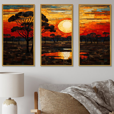 Savannah, coucher de soleil en safari africain dans les teintes 3 - Boho mosaïque, art mural
