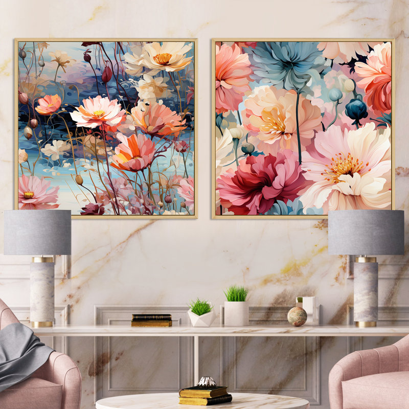 Monets Garden - motif botanique III - ensemble de 2 collages floraux carrés, Cadre flottant brun, H 16 po x l 33 po