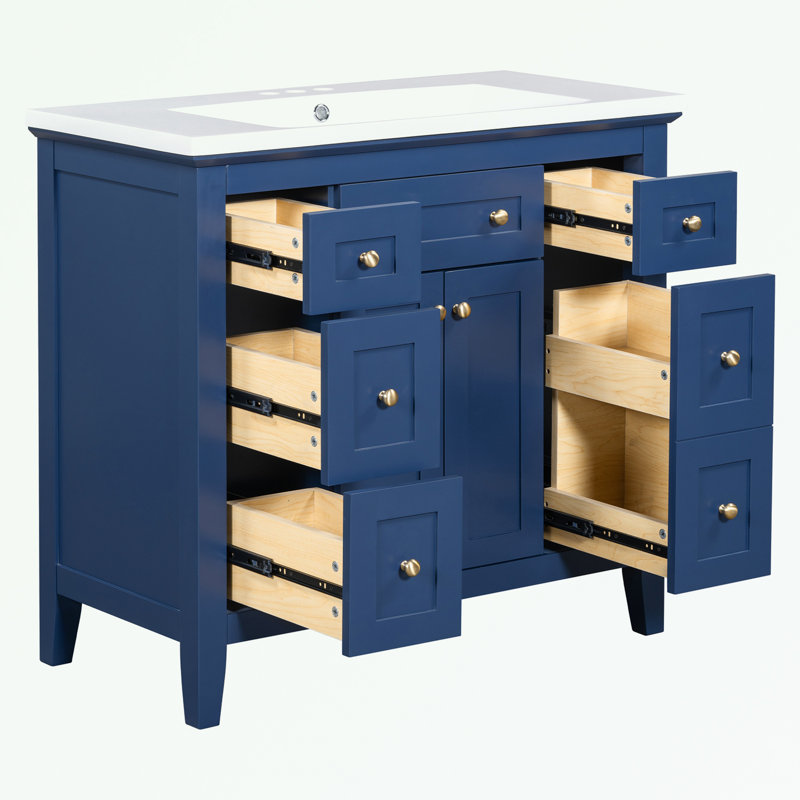 Ensemble de meuble-lavabo Bathroon avec lavabo en résine, 6 tiroirs et 2 armoires, Bleu marine