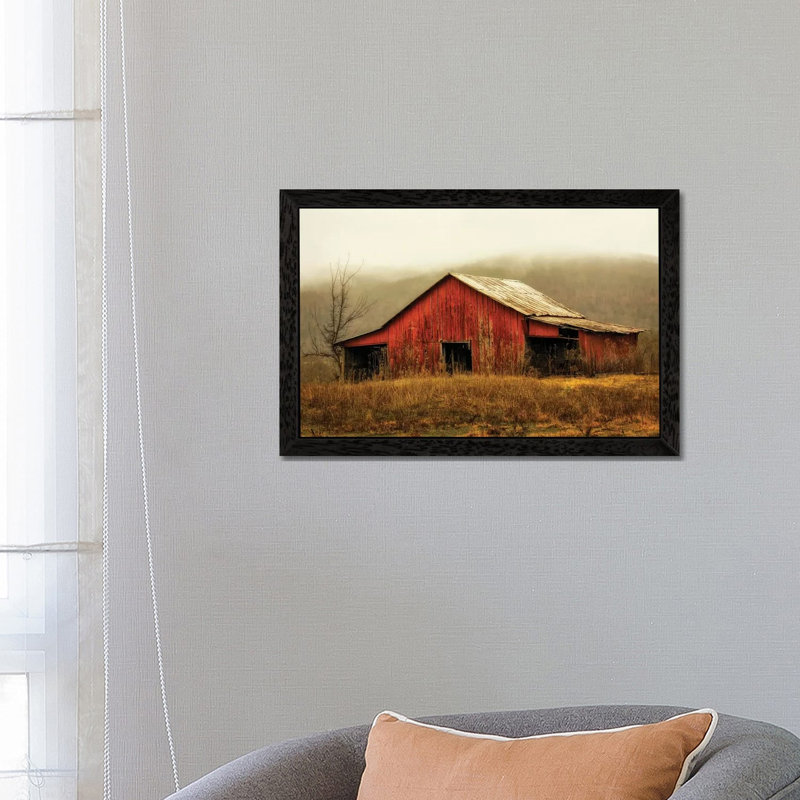 Skylight Barn In The Fog by Andy Amos - Floater Frame Print on Canvas, 66.04 cm H x 45.72 cm W, Black Framed