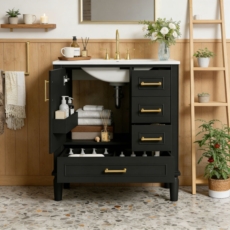 Meuble-lavabo moderne avec lavabo en céramique, 30 po + noir