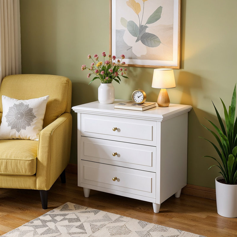 Table de chevet blanche, table de chevet moderne en bois à 3 tiroirs 22 po avec tiroirs silencieux et grand rangement, table de bout pour la chambre à coucher et le salon