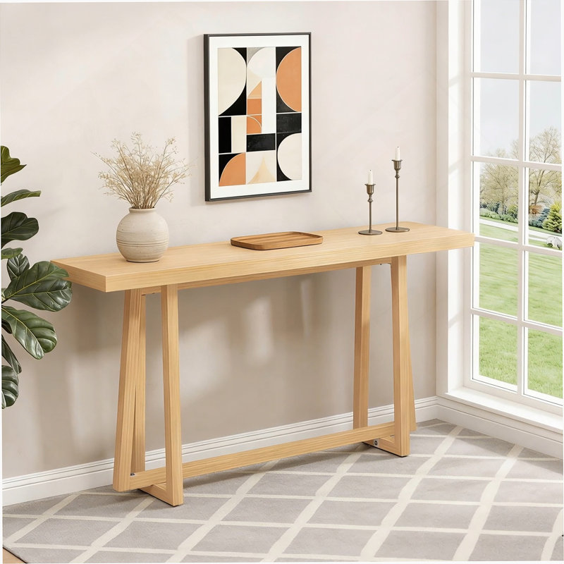 Console de 59,84 po, élégante table d'entrée rectangulaire, console d'extérieur pour patio, table de vestibule robuste, canapé pour vestibule, salon, chambre à coucher et patio, couleur bois, naturel