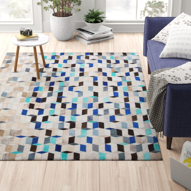 Roxanne Geometric Leather Hand Woven Area Rug, Rectangle 140 x 200cm