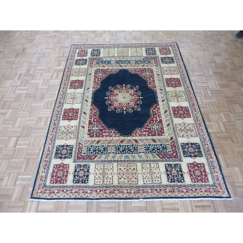 Tapis en laine bleu marine/vert 6 pi 8 po x 9 pi 2 po noué la main one-of-kind Sylvie