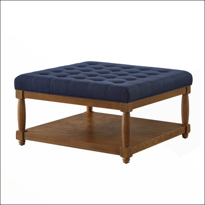 Large Square Tufted Linen Ottoman Coffee Table with Solid Wood Shelf - Navy Blue