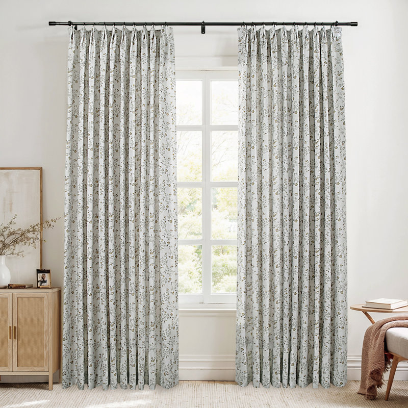 TWOPAGES Unlined Floral Curtain Printed Faux Linen Pinch Pleat Curtain, 26" W x 84" L, Cotton White