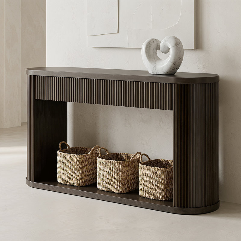 Console élégante avec design cannelé, glissières en métal et tablette de rangement ouverte, Espresso