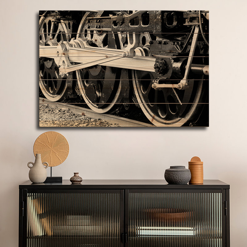 Reproduction d'art murale en bois - train antique par un artiste inconnu, H 18 po x l 26 po