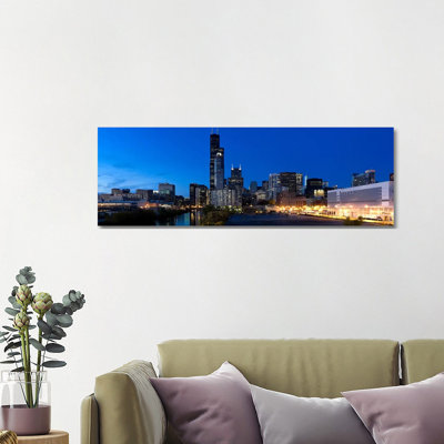 Buildings In A City Lit Up At Dusk, Chicago, Illinois, USA by Panoramic Images - Panoramic Gallery-Wrapped Canvas Giclée on Canvas
