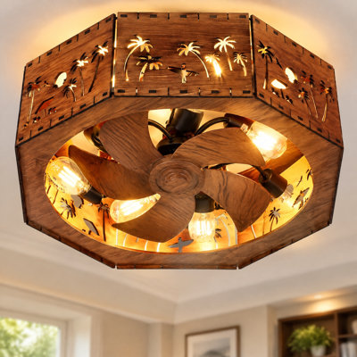 20" Farmhouse Wood Caged Low Profile Ceiling Fan with Light, Coastal Palm Tree Cutout Bladeless Fandeler