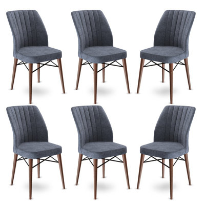 Ensemble de chaises modernes 6 pièces, fumée et brun, 17,7 po x 36,6 po x 16,5 po | Structure 100% métal avec pieds en bois, tissu Babyface | Confortable dossier en mousse et dossier en mousse de 22 po | Parfait pour la salle à manger et les espaces contemporains