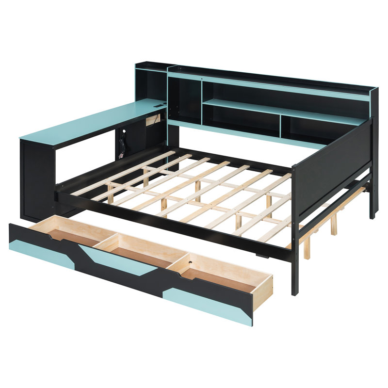 Lit de jour de jeu avec bureau et lumières intégrés, base de lit moderne avec 3 tiroirs de rangement et station de charge intégrée, bibliothèque de tête de lit multifonctionnelle
