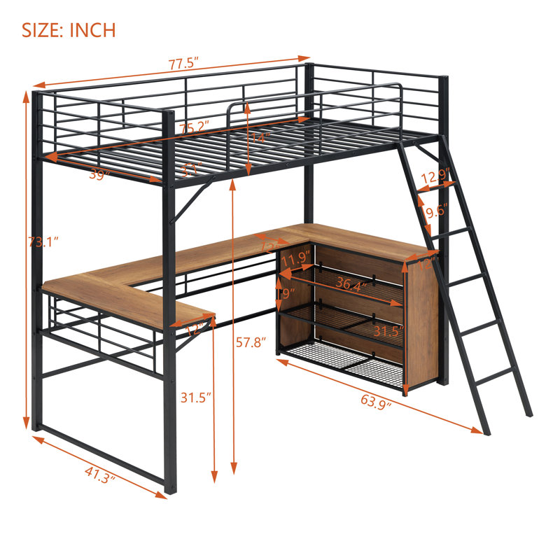Metal Loft Bed with 3 Layers of Shelves and L-shaped Desk, Twin, Black
