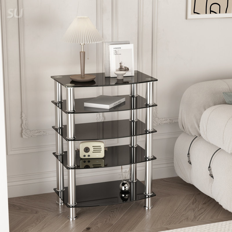 Table d'appoint à 5 niveaux en verre trempé avec structure en acier inoxydable pour un décor de salon moderne