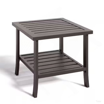 19" Square Brown Metal Outdoor Side Table, 2-Tier All-Weather Patio End Table
