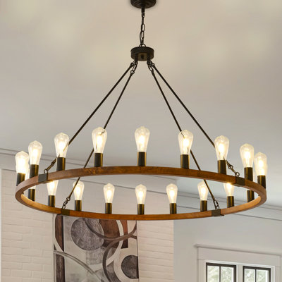 Farmhouse Wagon Wheel Chandelier 47" 20-Light Wood Rustic Light Fixtures Round Black Chandelier For Foyer Living Room Entryway Dining Room