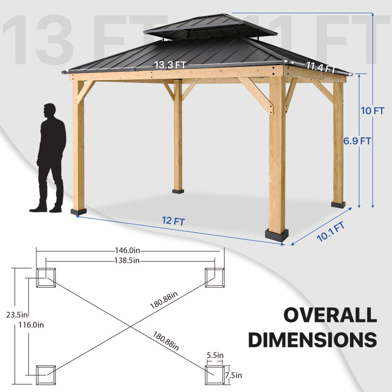 Permanent Wood Gazebo 13 Ft. W x 11 Ft. D Solid Wooden Patio Gazebo with Double Roof